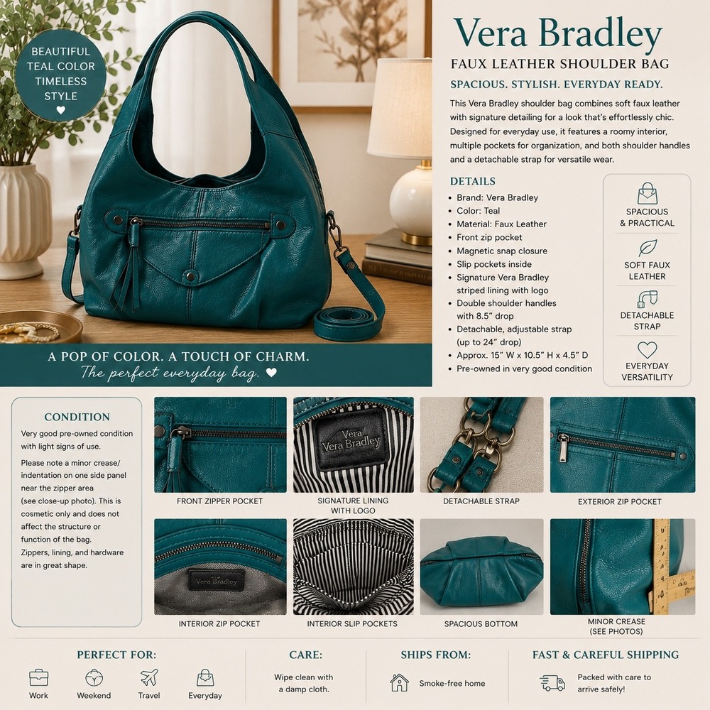 Vera Vera Bradley Teal Faux‎ Leather Hobo Shoulder Bag ASVH4442-0105